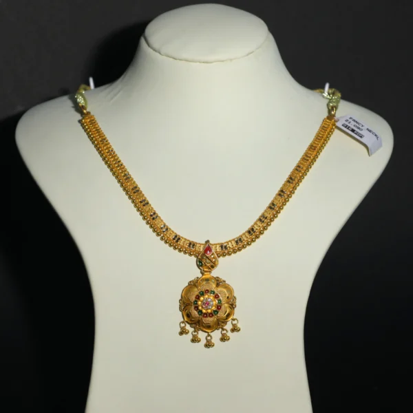 22K Gold Floral Pendant Necklace with Pink and Green Gemstones