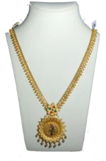 Discover Madurai's 22k Gold Haram with Lotus Pendant and Peacock Charm