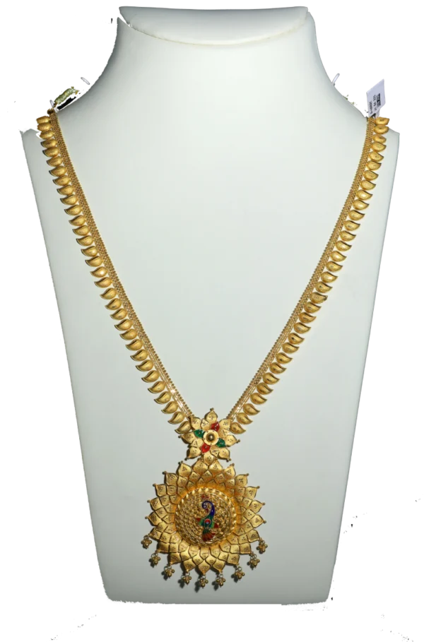 Discover Madurai's 22k Gold Haram with Lotus Pendant and Peacock Charm